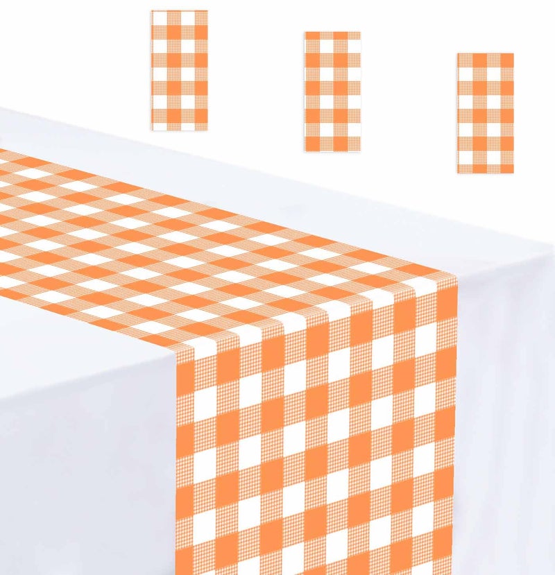 MUNILAIL 3 Pcs Orange and White Checkered Table Runner Plastic 14 x 108 Disposable Orange Gingham Table Runner for Thanksgiving Birthday Wedding Baby Shower Party Table Centerpiece Decorations - Image 1